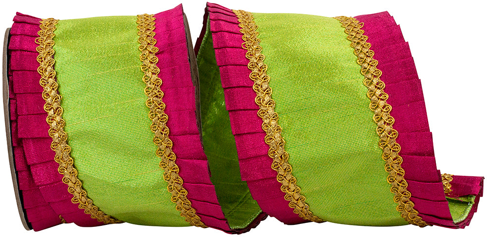 Metallic Pleated Overlay Ribbon Lime Fuchsia 4 Inch
