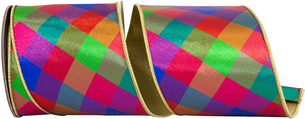 Multi Check Metallic Jewel Tone Wired Edge Ribbon 4 Inch