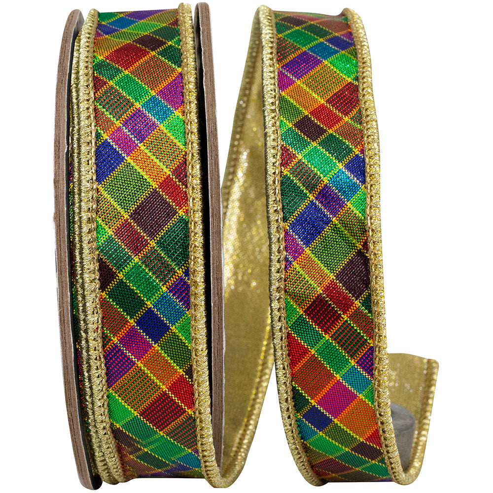 Plaid Metallic Jewel Tone Wired Edge Ribbon 1 Inch Multi