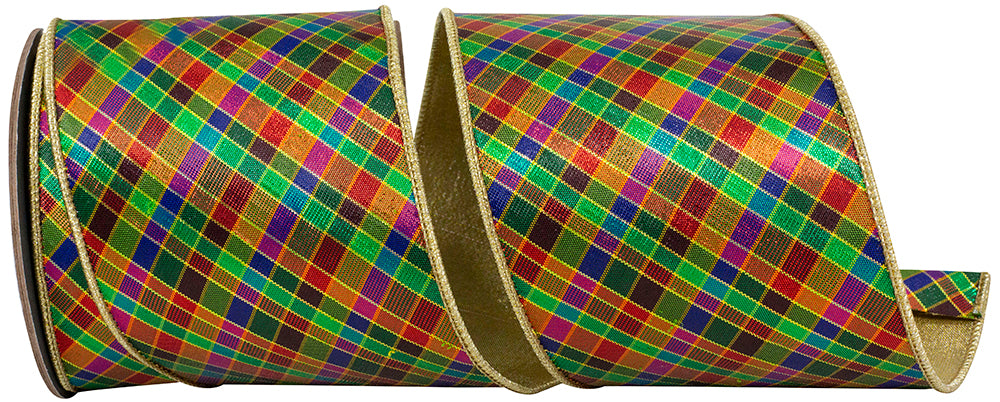 Plaid Metallic Jewel Tone Wired Edge Ribbon 4 Inch Multi