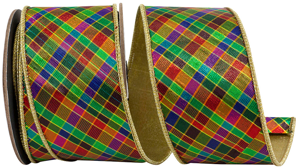 2-1/2 Inch Multi Plaid Metallic Wired Edge Ribbon