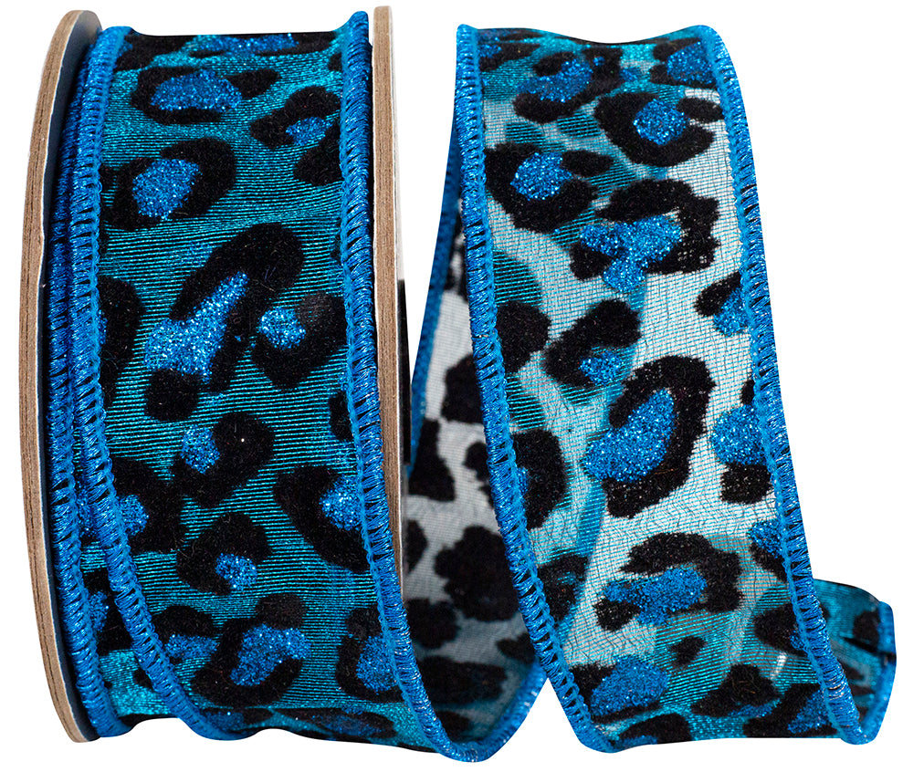 Turquoise Leopard Spot Tissue Silk Wired Edge Ribbon 1-1/2 Inch