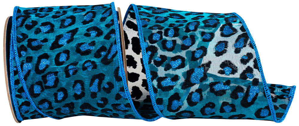 Turquoise Leopard Spot Wired Edge Ribbon 4 Inch Deluxe