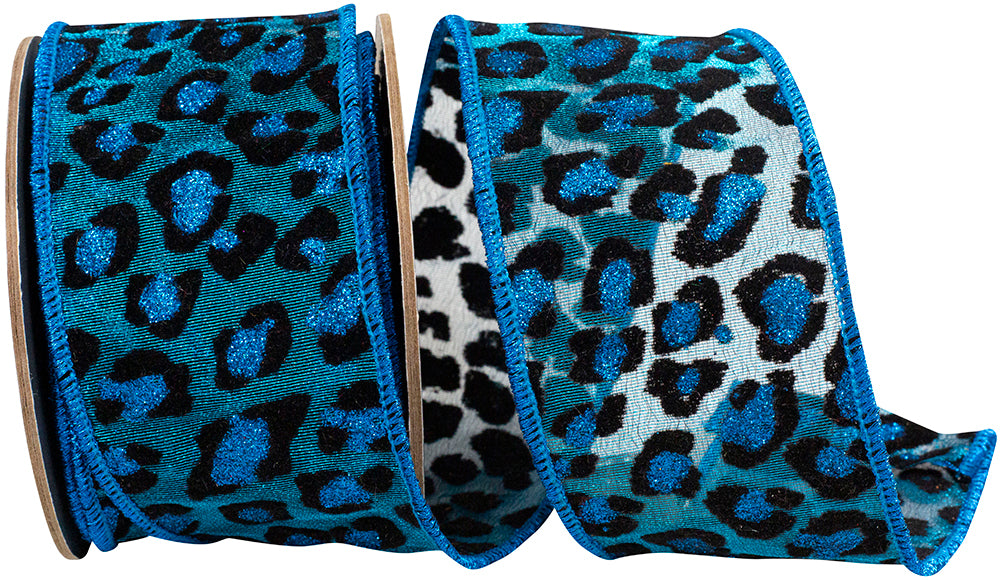 Turquoise Leopard Spot Wired Edge Ribbon 2-1/2 Inch