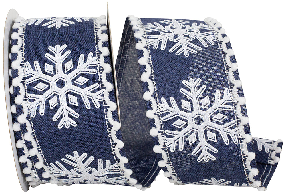 Snowflake Glitter Linen Ribbon Navy White 2-1/2 Inch