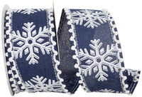 Snowflake Glitter Linen Ribbon Navy White 2-1/2 Inch