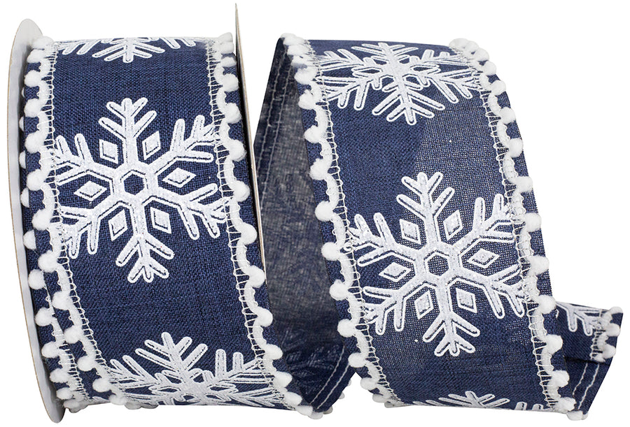 Snowflake Glitter Linen Ribbon Navy White 2-1/2 Inch