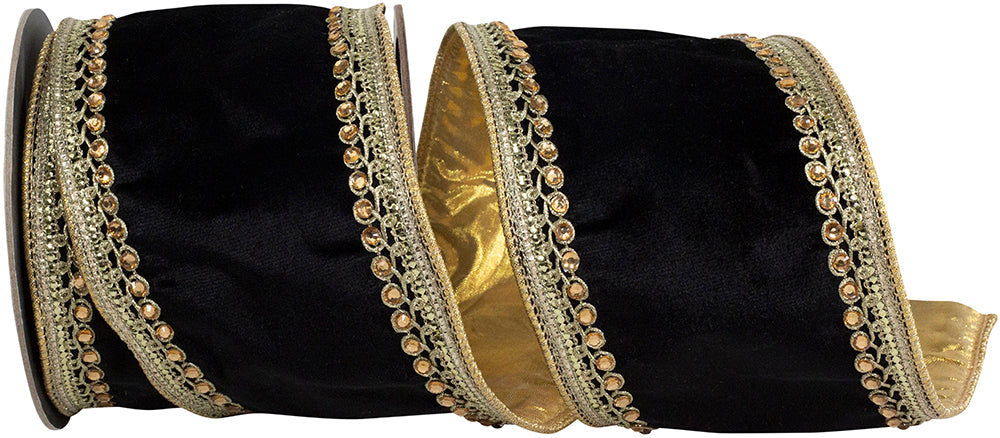 Black Velvet Touch Wired Edge Ribbon 4 Inch 5 Yards