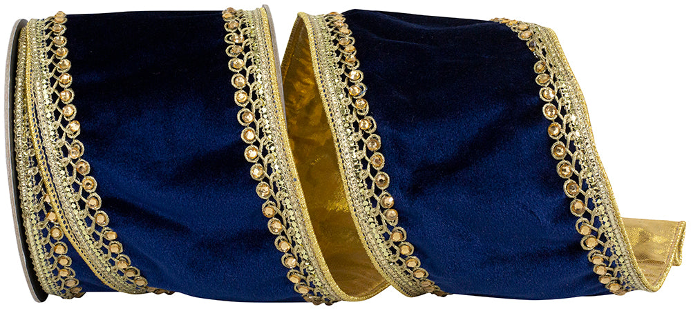 Navy Gold Velvet Touch Wired Edge Ribbon 4 Inch for Bows