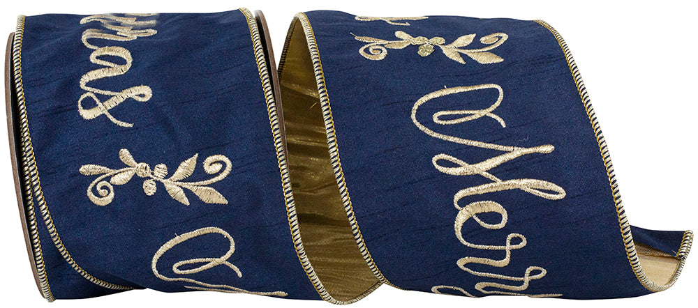 Merry Christmas Navy Gold 4 Inch Wired Edge Ribbon