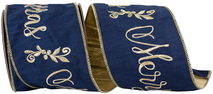 Merry Christmas Navy Gold 4 Inch Wired Edge Ribbon