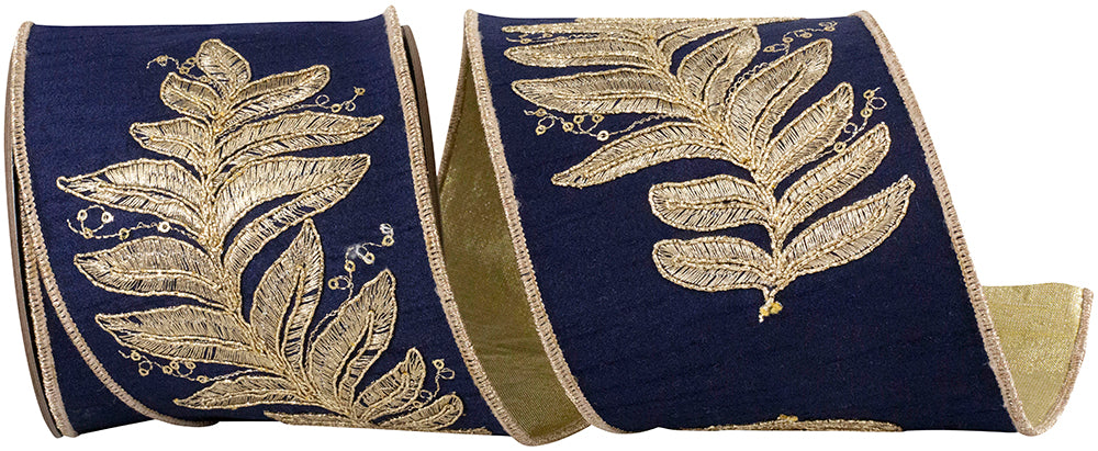 Navy Wired Edge Ribbon 4 Inch Leaf Embroidery 5 Yards