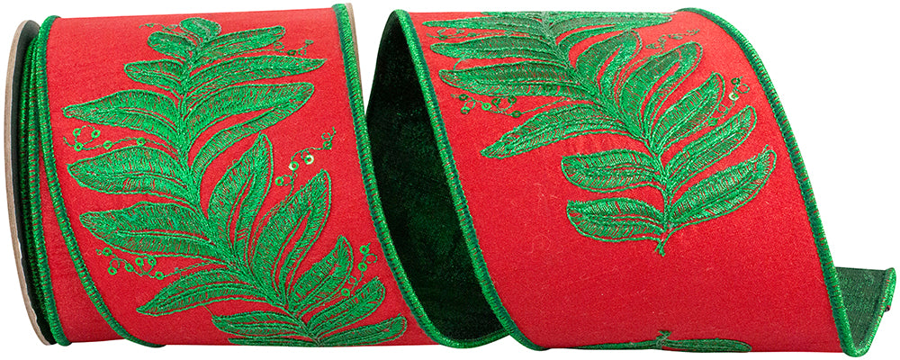 Leaf Embroidery Wired Edge Ribbon Red Green 4 Inch