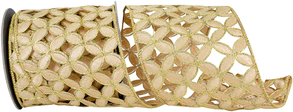 Gold 4 Inch Petal Embroidery Cut Out Deluxe Wired Edge Ribbon for Wreaths & Bows