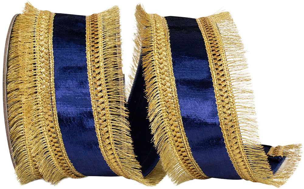 Navy 2-1 2 Inch Plush Velvet Regal Trimming Fringe Deluxe Overlay Wired Edge Ribbon for Wreaths & Bows