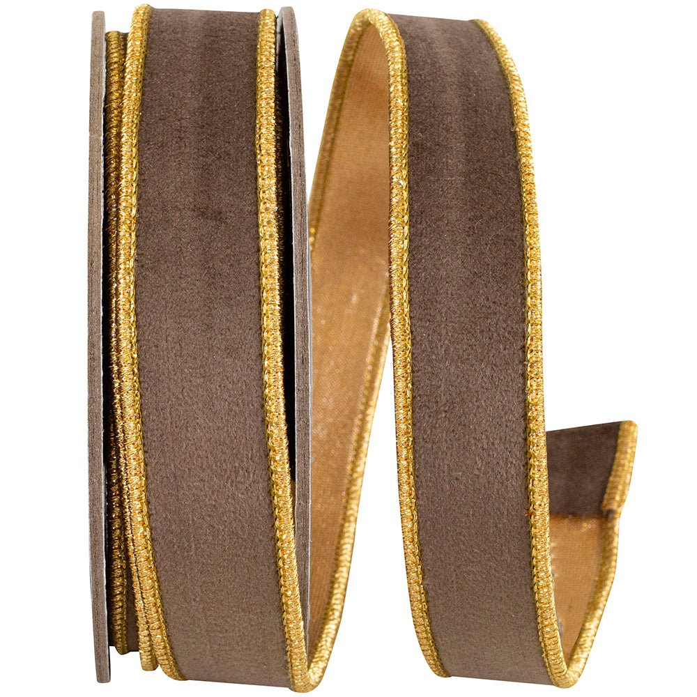 1 Inch Brown Gold Velvet Touch Wired Edge Ribbon for Bows
