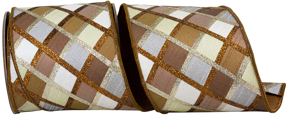 Brown 4 Inch Deluxe Dupioni Wired Edge Glitter Ribbon