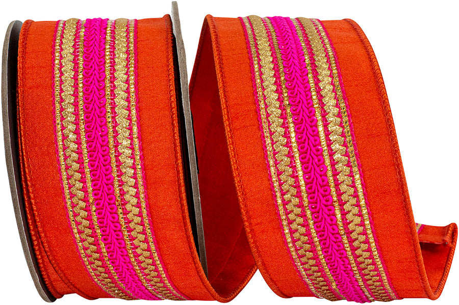 Copper 2-1 2 Inch Regal Stripe Orange Trimming Dupioni Deluxe Wired Edge Ribbon for Wreaths & Bows
