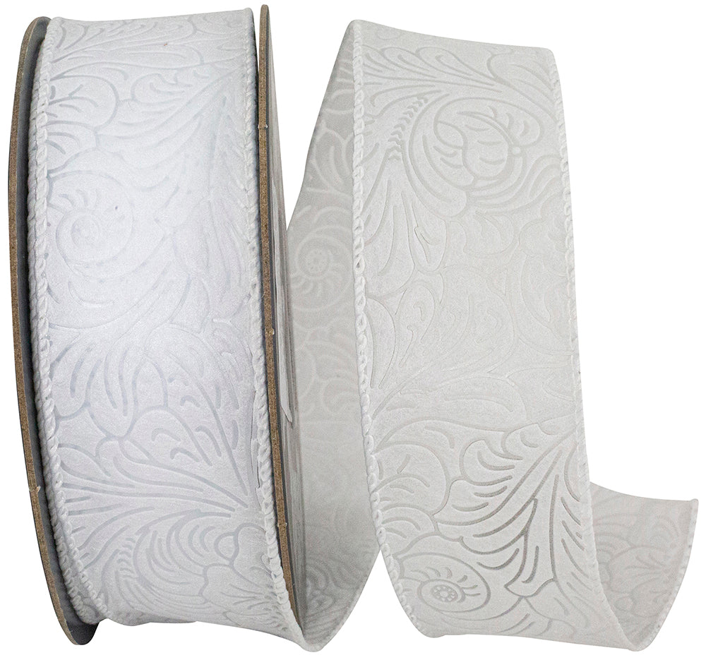 Leaf Scroll Embossed Wired Edge Ribbon White 1-1/2 Inch