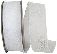 Leaf Scroll Embossed Wired Edge Ribbon White 1-1/2 Inch