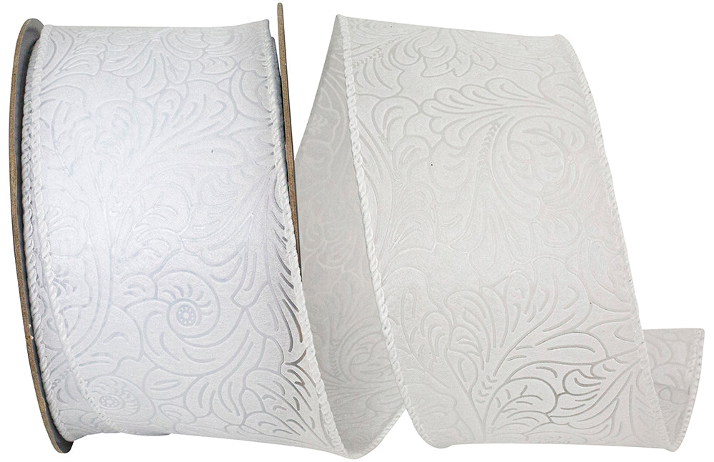 White 2-1/2 Inch Leaf Scroll Embossed Wired Edge Ribbon