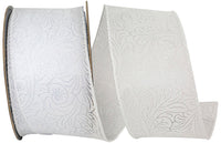 White 2-1/2 Inch Leaf Scroll Embossed Wired Edge Ribbon