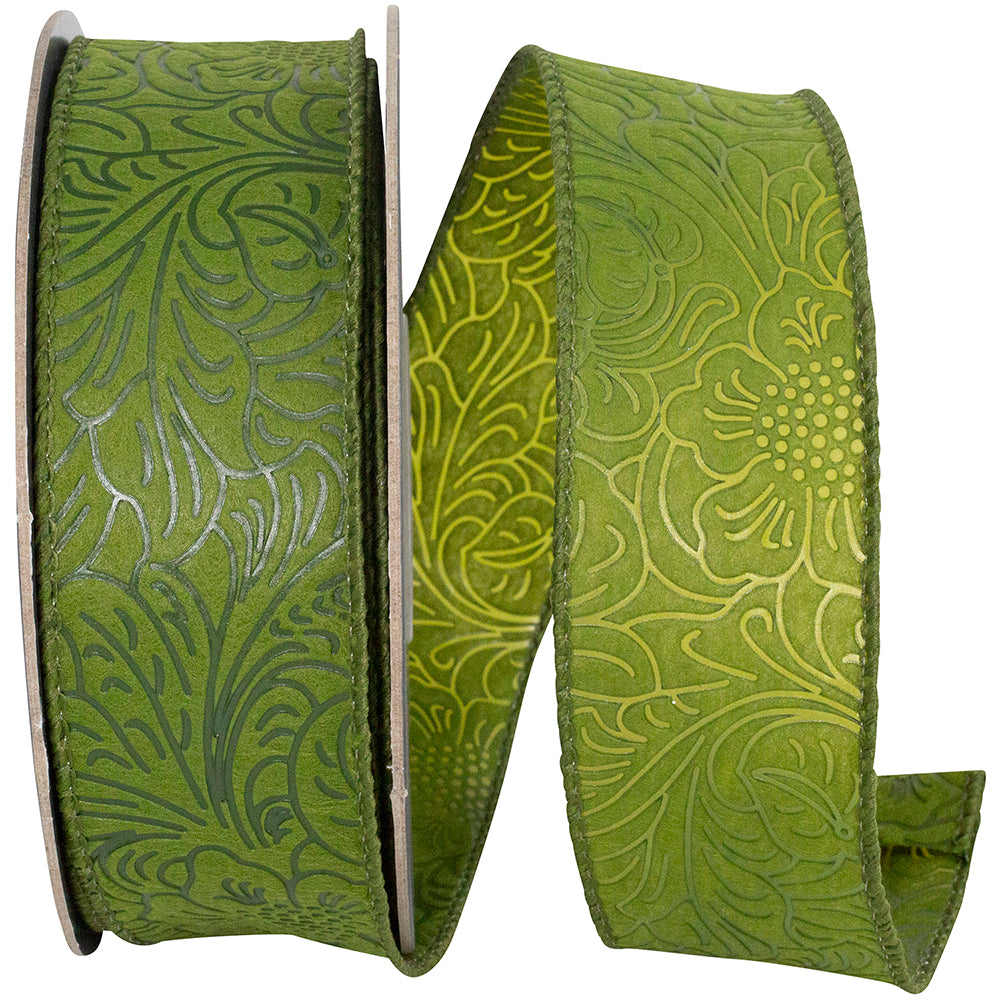 Moss Leaf Scroll Embossed Wired Edge Ribbon 1-1/2 Inch