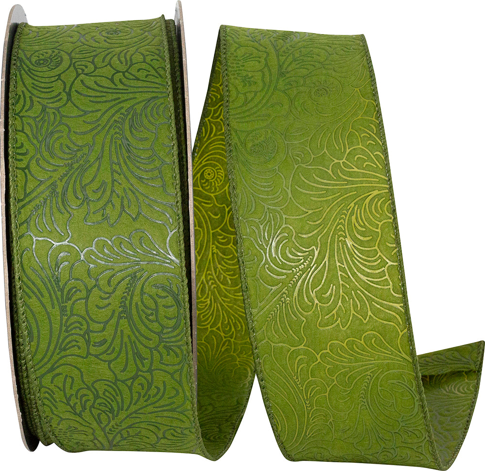 Moss Wired Edge Ribbon 2-1/2 Inch Leaf Scroll 30 Yards