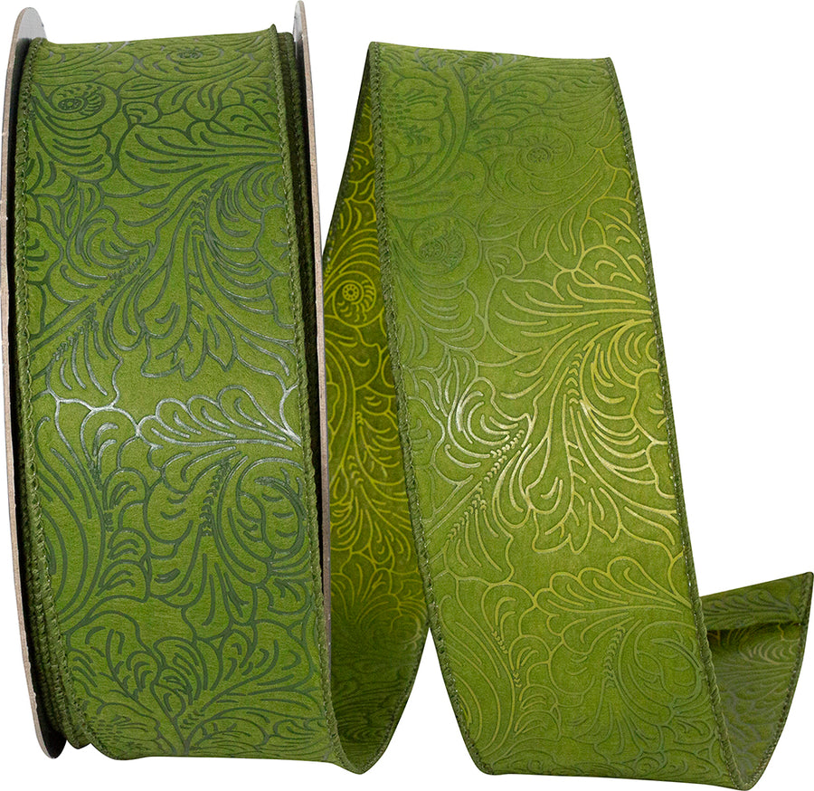 Moss Wired Edge Ribbon 2-1/2 Inch Leaf Scroll 30Yds