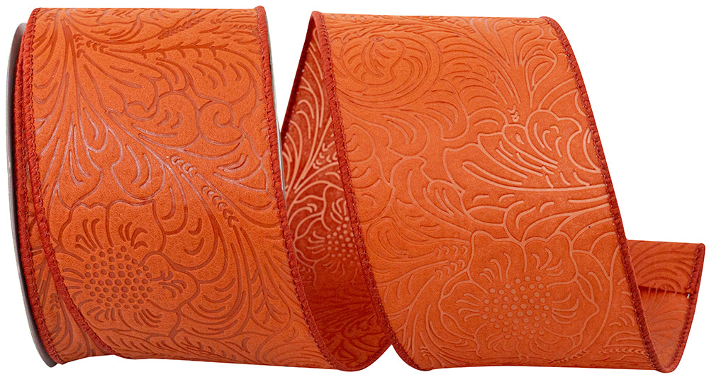 Rust 2-1/2 Inch Leaf Scroll Embossed Wired Edge Ribbon