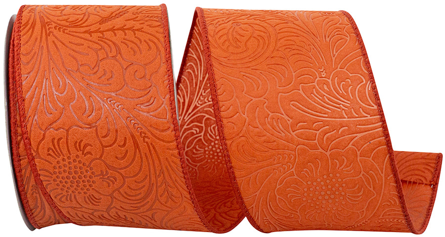 Rust 2-1/2 Inch Leaf Scroll Embossed Wired Edge Ribbon
