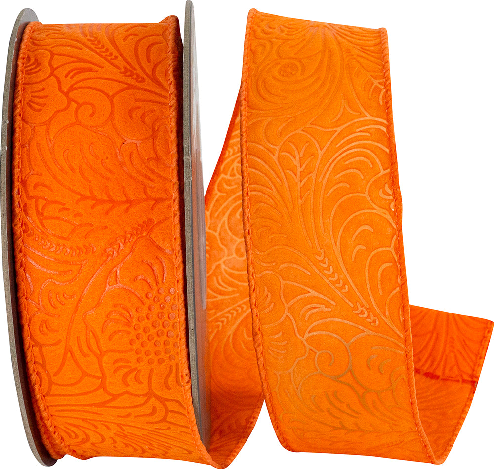 Leaf Scroll Embossed Wired Edge Ribbon Orange 1-1/2 Inch