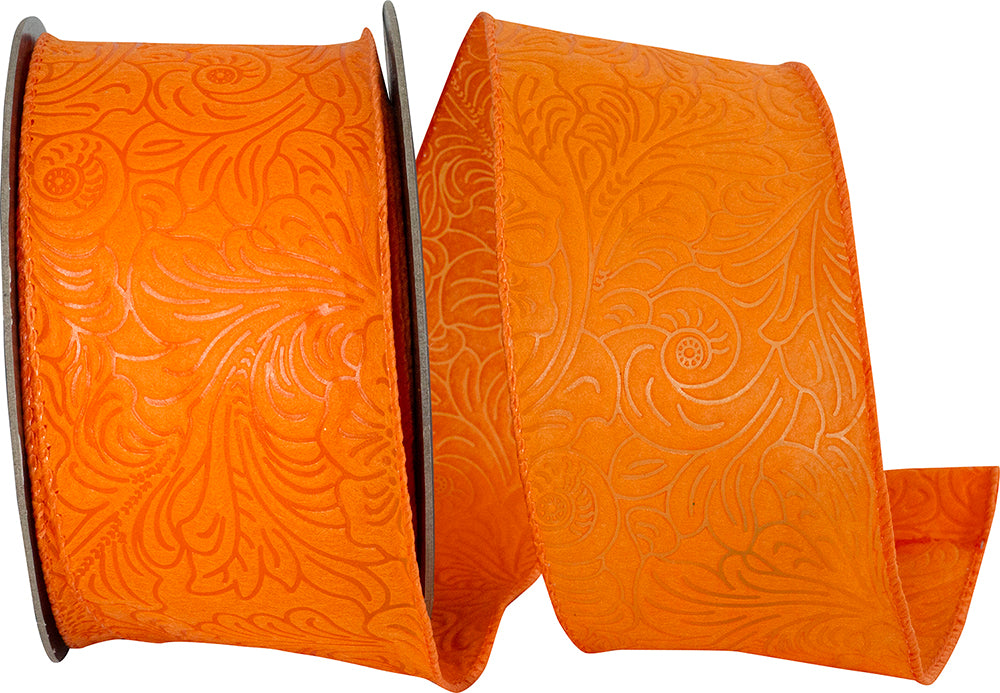 Orange 2-1/2 Inch Wired Edge Leaf Scroll Ribbon