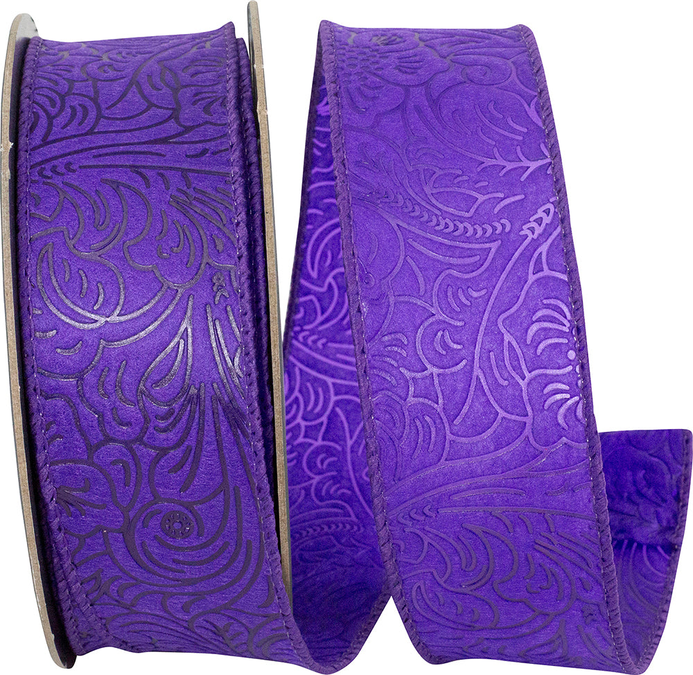 Purple 1-1/2 Inch Wired Edge Leaf Scroll Ribbon