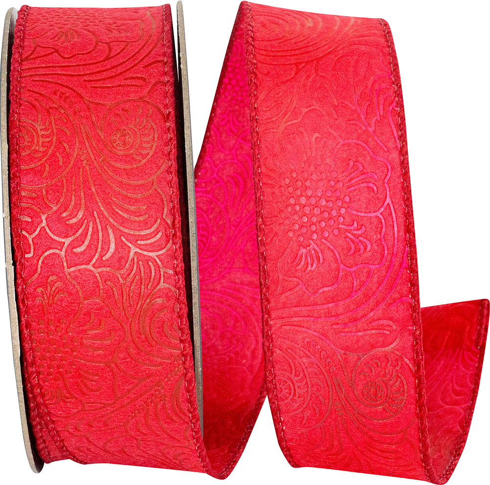 Red Wired Edge Ribbon 1-1/2 Inch Leaf Scroll 10 Yards
