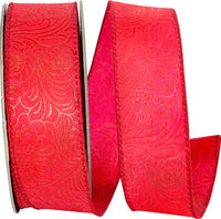 Red Wired Edge Ribbon 1-1/2 Inch Leaf Scroll 10Yds