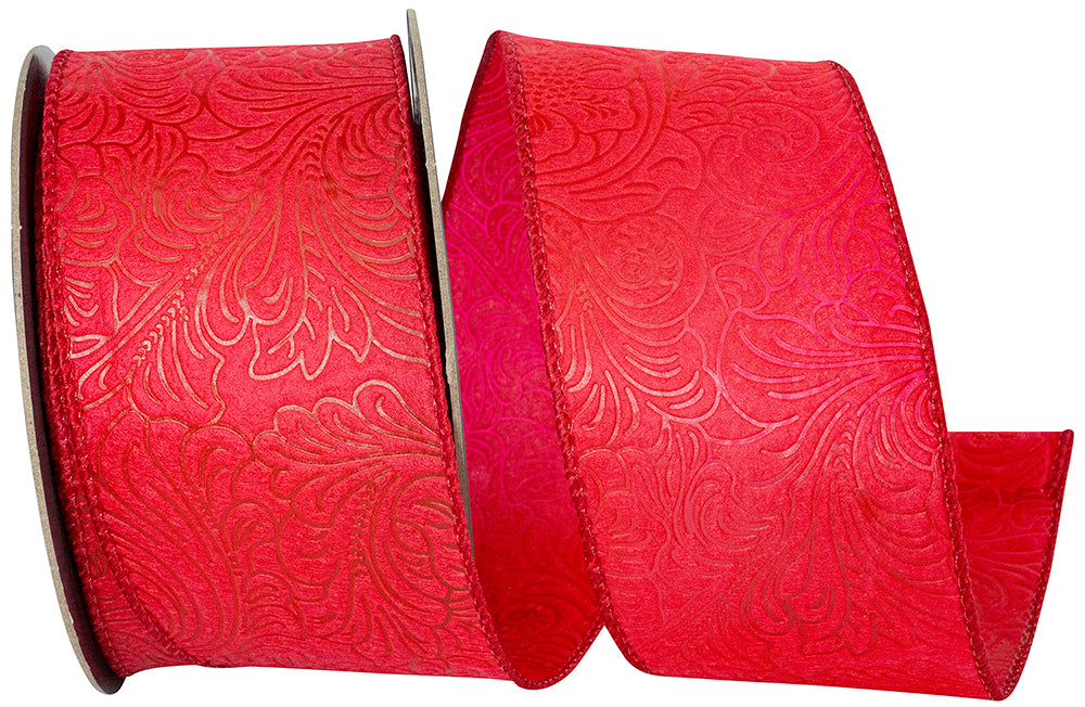 Red 2-1/2 Inch Wired Edge Leaf Scroll Ribbon