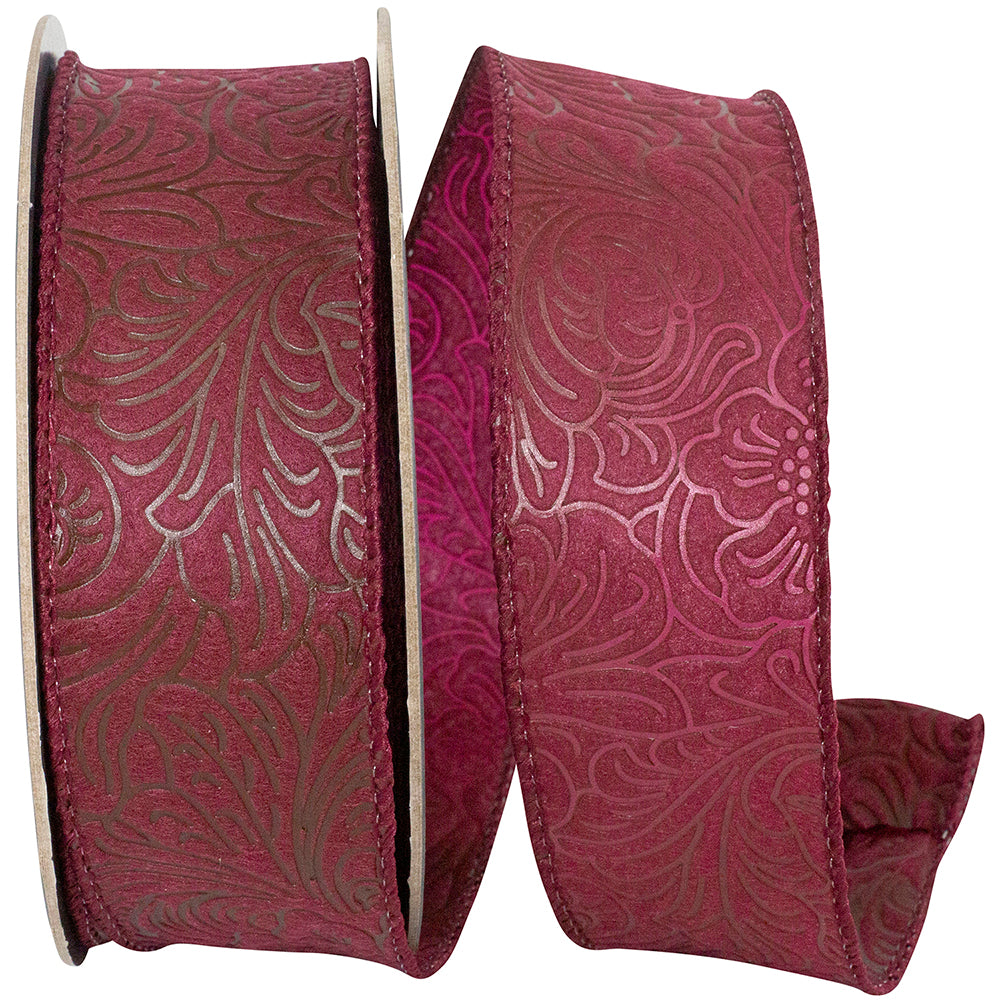 Burgundy 1-1/2 Inch Wired Edge Leaf Scroll Ribbon