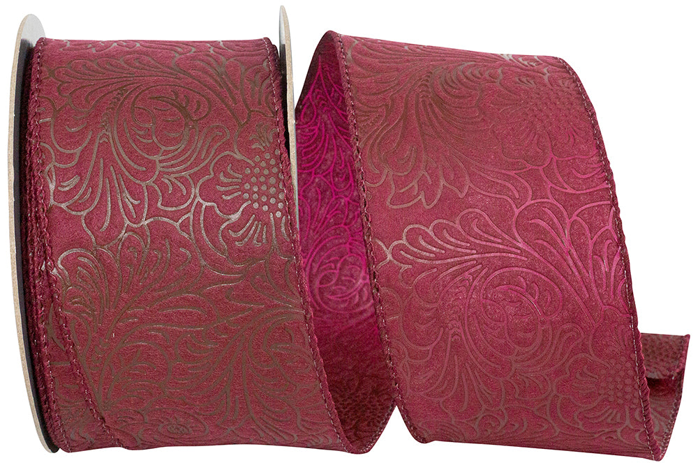 Burgundy 2-1/2 Inch Wired Edge Leaf Scroll Ribbon