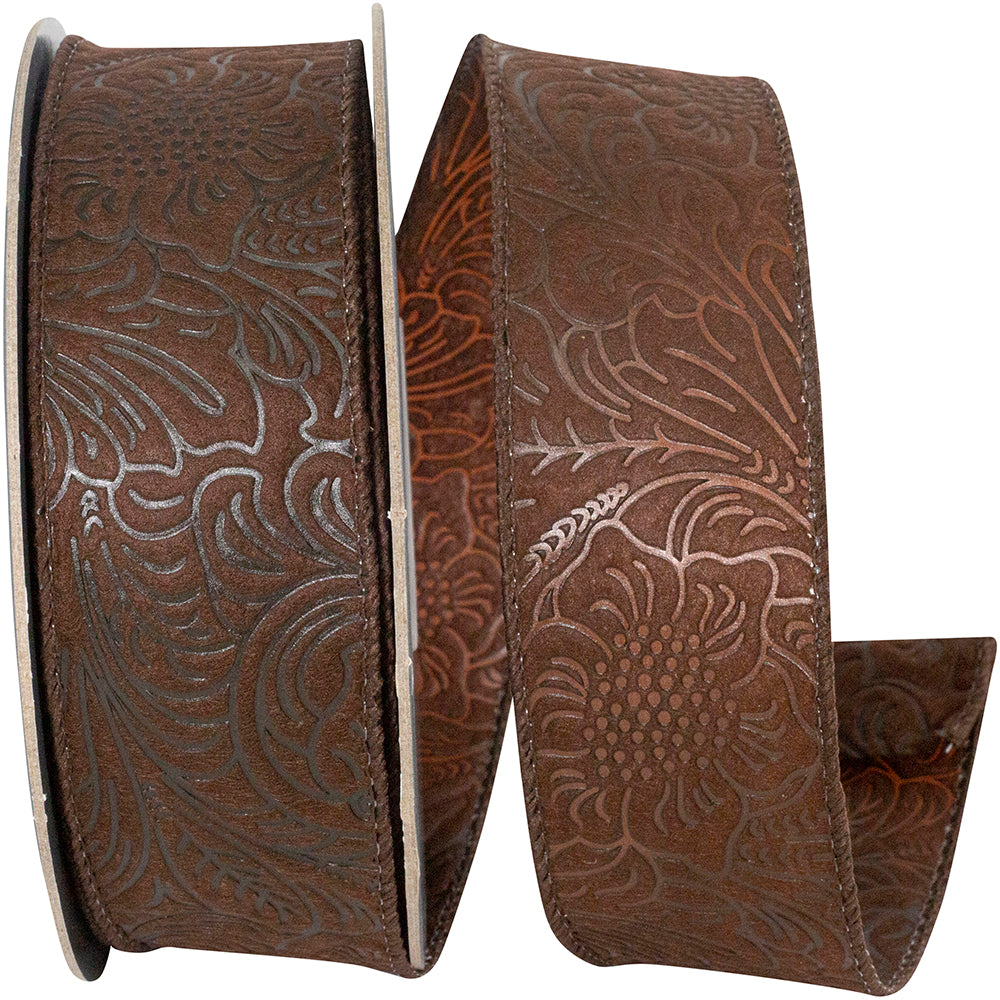 Brown 1-1/2 Inch Wired Edge Leaf Scroll Ribbon