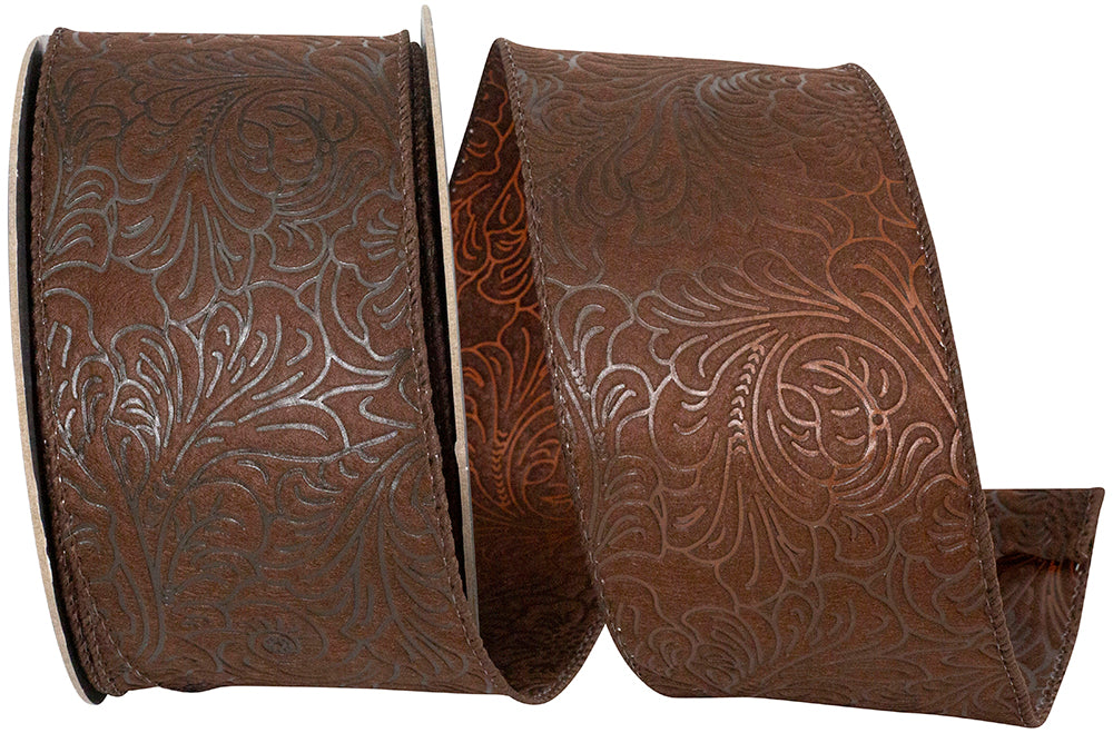 Brown 2-1/2 Inch Wired Edge Leaf Scroll Ribbon