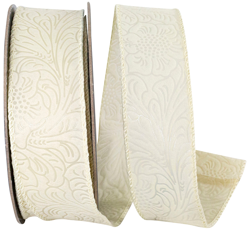 Ivory 1-1/2 Inch Wired Edge Leaf Scroll Ribbon