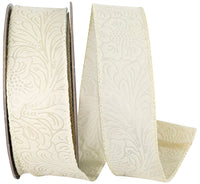 Ivory 1-1/2 Inch Wired Edge Leaf Scroll Ribbon
