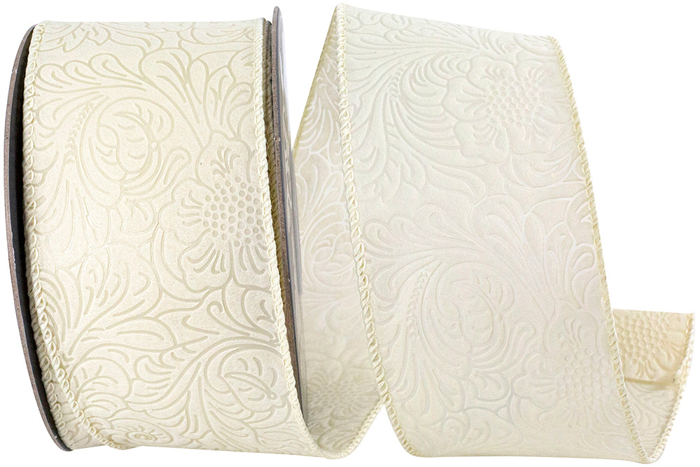 Ivory 2-1/2 Inch Wired Edge Leaf Scroll Ribbon