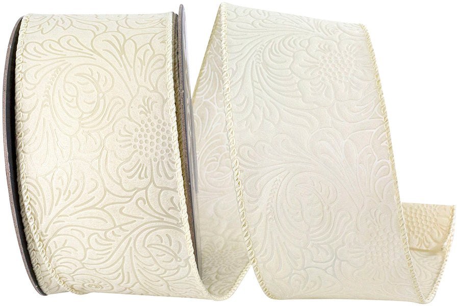 Ivory 2-1/2 Inch Wired Edge Leaf Scroll Ribbon