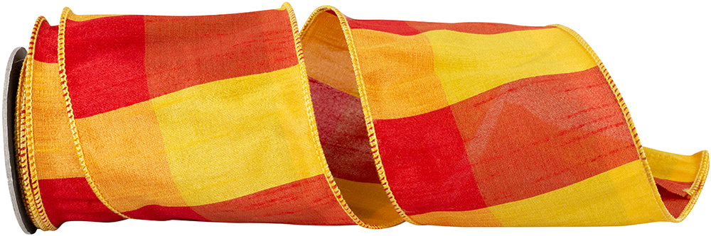 Multi 4 Inch Jumbo Check Sunset Tonal Dupioni Basic Wired Edge Ribbon for Wreaths & Bows