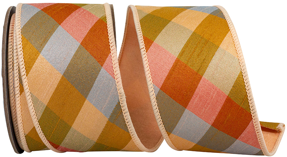 Ginger Plaid Diagonal Deluxe Dupioni Wired Edge Ribbon 2-1/2 Inch