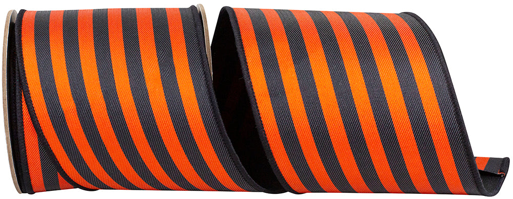 Black Orange 4 Inch Stripe Vertical Twill Deluxe Dupioni Backed Wired Edge Ribbon for Wreaths & Bows