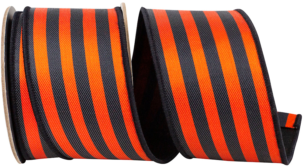 Black Orange 2-1 2 Inch Stripe Vertical Twill Deluxe Dupioni Backed Wired Edge Ribbon for Wreaths & Bows