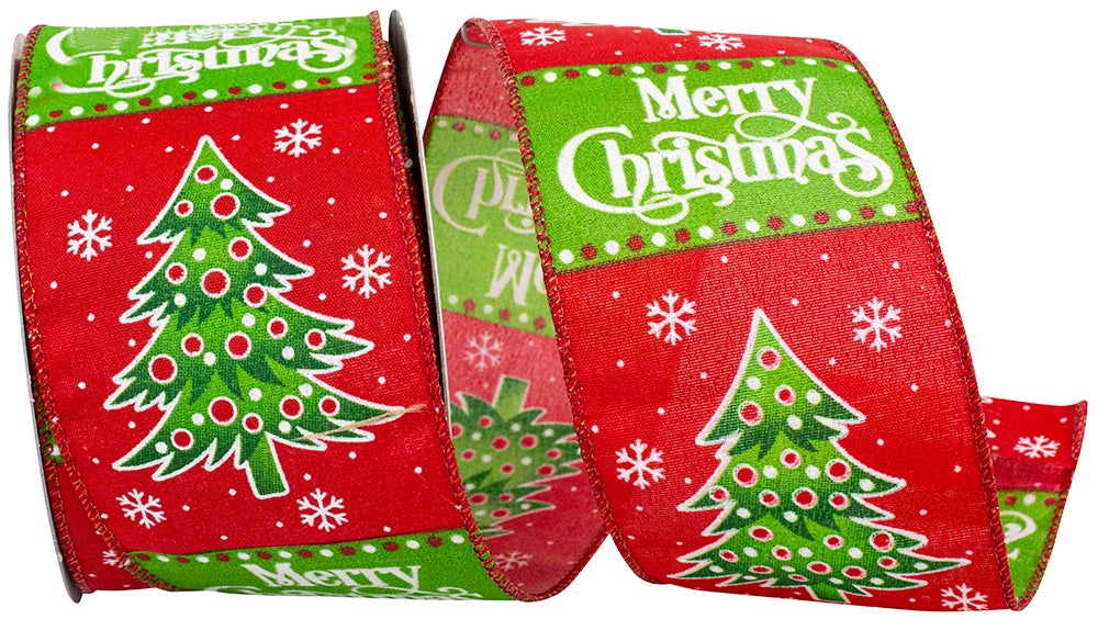 Red Green 2-1 2 Inch Merry Christmas Trees And Words Wired Edge Ribbon for Wreaths & Bows